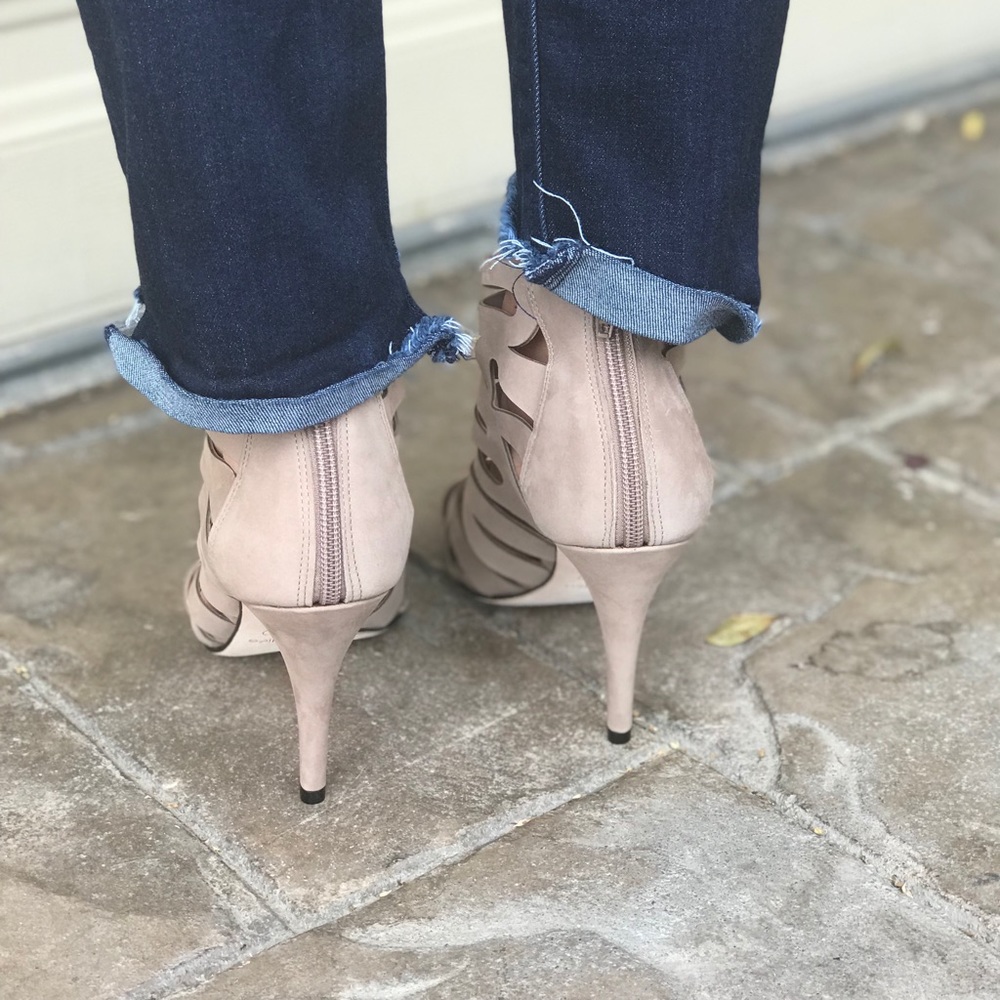NIB Nubuck Leather Laser Cut Peep Toe Booties - Picture 3 of 5